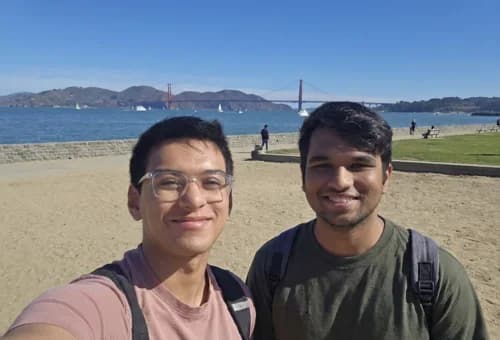 Agnay Srivastava and Pulkit Gupta in San Francisco with the Golden Gate Bridge behind them